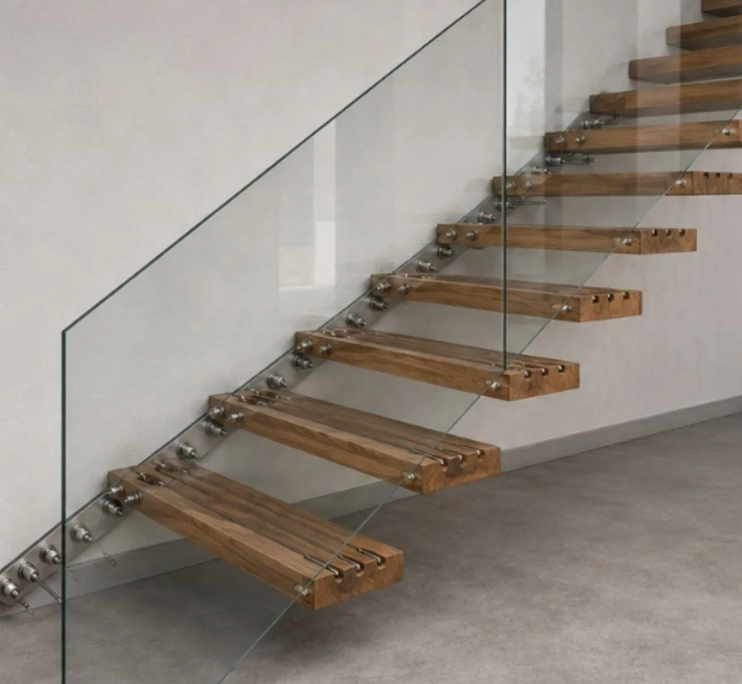 Escalera de diseño con peldaños de madera y barandilla de vidrio